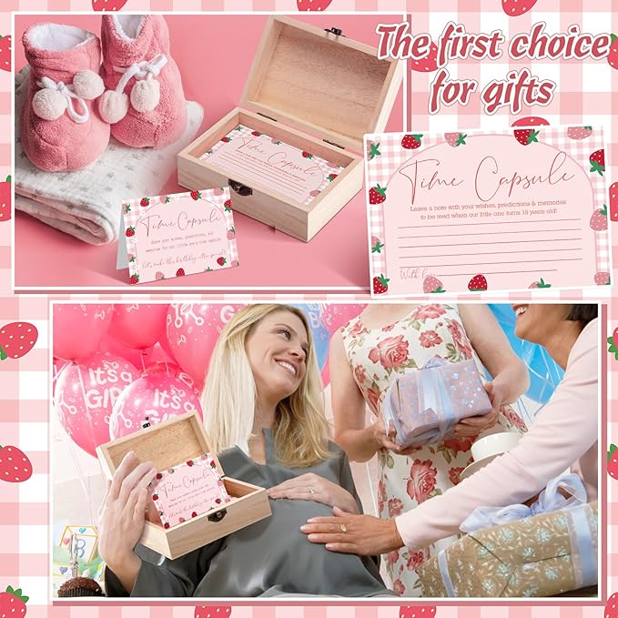Fuutreo Time Capsule Box 1st Birthday Baby Time Capsule First Birthday Party Games, 1st Activities for Guests, Advice and Wishes Cards Gift Keepsake for Baby Shower Party Supplies(Strawberry)