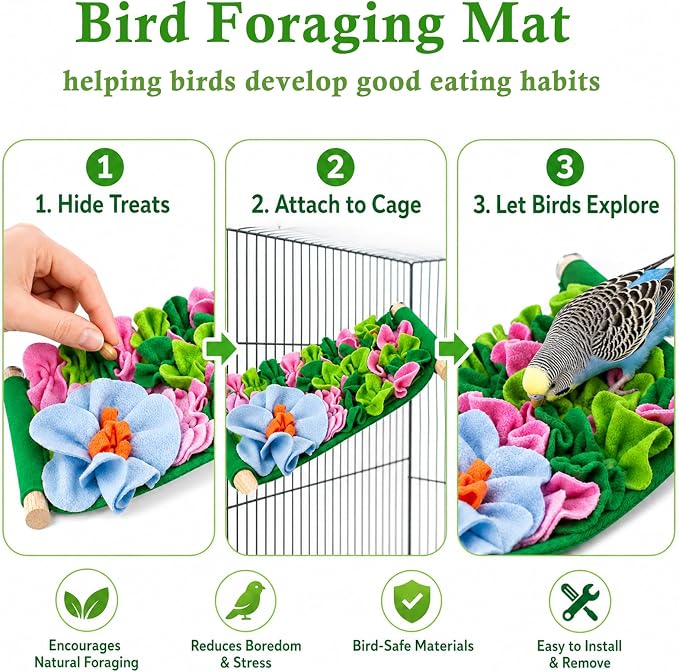 FlidRunest Bird Cotton Fabric Foraging Mat, Parrot Foraging Hammock Bed | Parakeet Enrichment Toy With Hidden Treat Flowers, Soft Fleece Feeding Mats Puzzle for Budgies, Conure