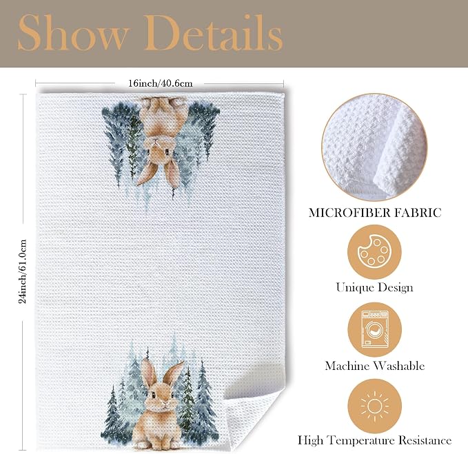 Winter Christmas Bunny Kitchen Towels, Gifts for Bunny Lovers Dish Tea Towels for Kitchen, Winter Pine Tree Forest Decorative Hand Towel for Kids Bathroom Decor, 16x24 Inch
