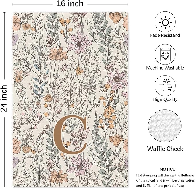Initial C Personalized Floral Kitchen Towels Dish Towel, Custom Hand Towels for Bathroom, Monogrammed Gifts for Women Mom, Boho Floral Decorative Kitchen Towels Tea Towel, 16x24 Inch