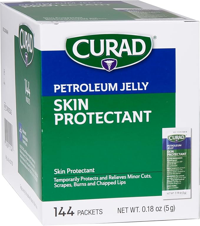 CURAD Petroleum Jelly Skin Protectant, Healing Ointment for Dry Cracked Skin, 144 Count Packets