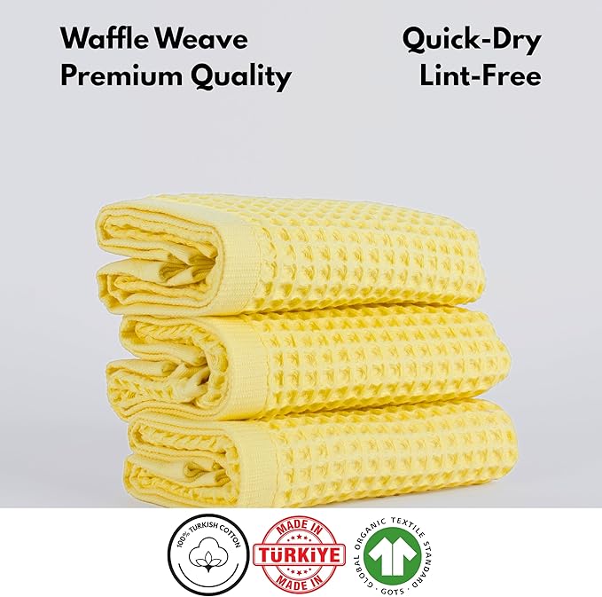 PÜSKÜL - Set of 3 Organic Waffle Hand Towel Yellow - Premium Quality, 100% Turkish Cotton, Soft, Quick-Dry, Absorbent, Lint-Free Face Kitchen Hand Towels (Light Yellow, Hand Towels - Pack of 3)