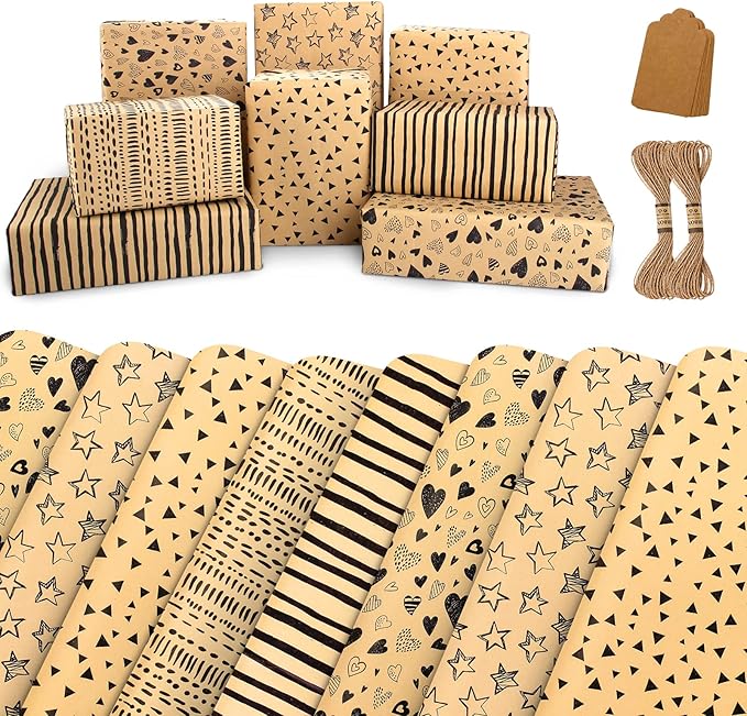 Kraft Wrapping Paper Set with Tags & String - Brown Kraft Wrapping Paper Gift Wrap for Present - Birthday Paper Wrap for Women, Men, Boys & Kids (6 Sheets, 28"Lx20"W per Sheet)