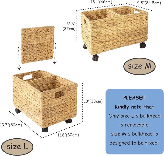 PEMAR Rolling Wicker Storage Basket Set of 2 – Natural Water Hyacinth & Seagrass Bins on Wheels with Removable Divider & Insert Handles – Nesting Design for Under Desk, Home & Office Organization