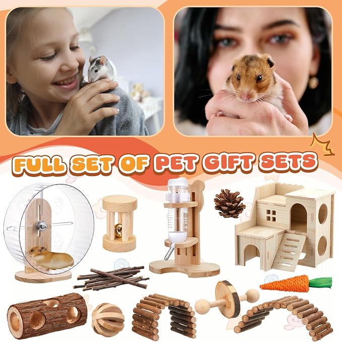 18 Pcs Hamster Cage Accessories, Silent Hamster Wheel 15 Toys Set | Maze Wood House and Water Bottle Set for Rat Mice Small Animals Habitat Decor Enrichment Starters(Natural Log Style)