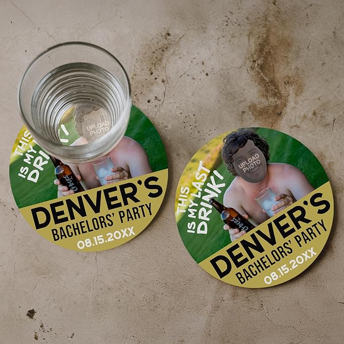 20 Pack Personalized Bachelor Party Coasters, Custom Cardboard Drink Coasters with Photo Print and Text, Fun Bachelor Party Favors and Gifts, 3.95" Round, Design 5