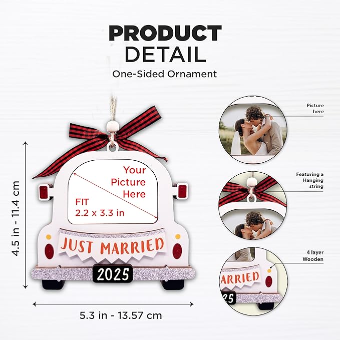 Christmas Photo Frame Ornament, 2025 Ornament, Wooden Picture Frame Ornaments With Hanging String (Just Married 2025)