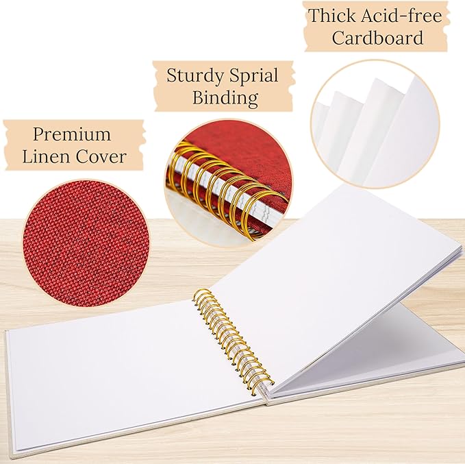 Scrapbook Photo Album Linen Cover, 10 x 10 Inch Hardcover Kraft White Pages Memory Book, for Travel Wedding Guest Book Christmas Baby Shower (40 Sheets/ 80 Pages,Red)