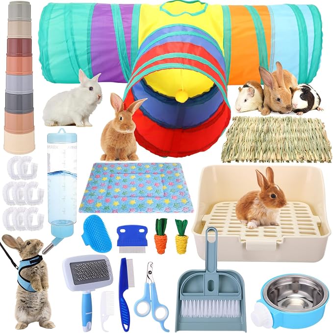 34 Pcs Rabbit Starter Kit Rabbit Litter Box Small Animal Water Bottle Cups Bunny Tunnels Animal Grooming Kit Bowl Blanket with Cleaning Set for Guinea Pig Bunny Accessories(Style 1,Blue)