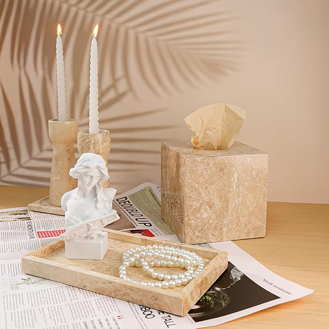 WORHE Italy Natural Marble Vanity Tray for Jewelry, Perfume, Makeup, Candle, Modern Decorative Trays for Bathroom Bedroom Dresser Rectangle Kitchen Storage Organizer for Home Decor Light Brown (WH038)