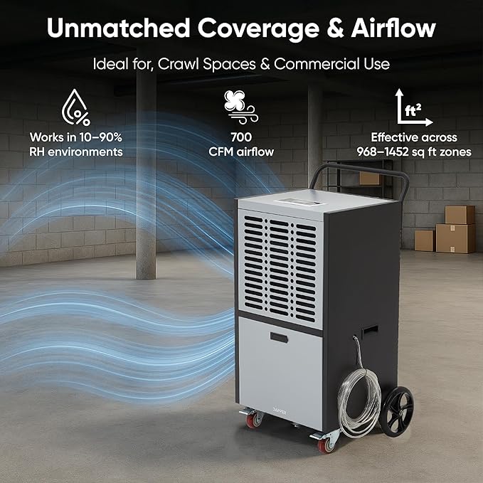 190 Pints Commercial Dehumidifier for Basements & Industrial Spaces – Built-In Pump, Drain Hose, Continuous Operation, 2-Speed Fan, 15000 Sq Ft Coverage