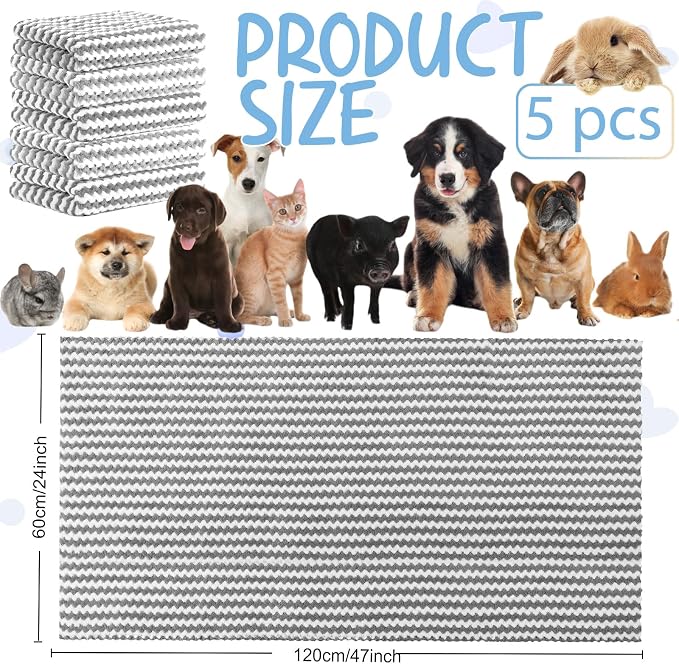 Hahafelt 5 Pcs Waterproof Guinea Pig Fleece Bedding Blankets Absorbent Guinea Pig Cage Liner Washable Small Animal Pee Pad Reusable Pet Blanket Wash Cloth Bedding Mat Pad (Gray,47 x 24 Inch)