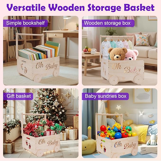 Baby Shower Gifts Baskets, Wooden Baby Closet Gifting for Newborn Boys and Girls, Wood Crate Box with Handle and Wheels, Personalized Cute Babyshower Decorations Basket for New Born