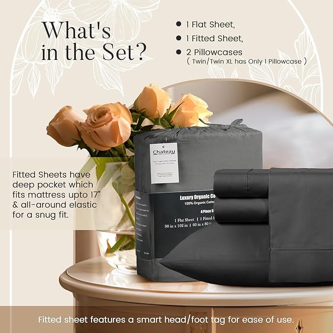 100% Cotton Sheets King Size Sheets Set with Fitted Sheet & Pillowcase Sets, Sateen Weave 4 piece Deep Pocket King Sheet Set, Soft & Comfy Naturally Cool Luxury Bedding- Charcoal