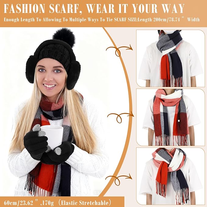 Geyoga 6 Pcs Winter Hat Scarf Gloves Set Knitted Touchscreen Gloves Plaid Scarf Earmuffs Socks Gift for Women Men