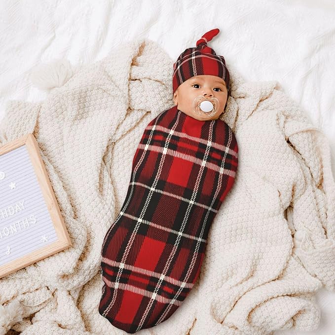 Christmas Baby Swaddle Blanket and Hat Set for Newborn Boys Girls Soft Infant Wrap Sleep 0-6 Months Buffalo Plaid