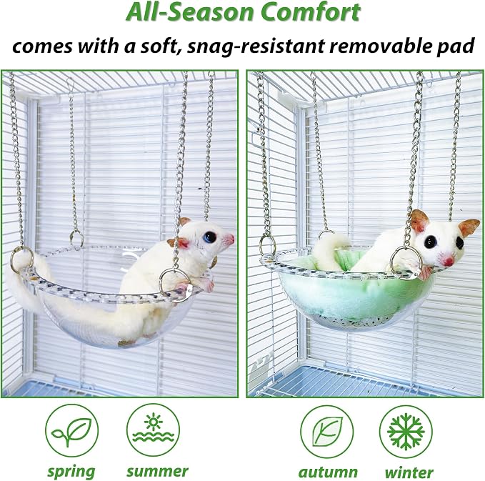 Sugar Glider Hammock for Cage, Transparent Bed for Clear Observation | All-Season Comfort with Removable Pad, Chew Proof Sleeping Pouch, Metal Chain Reinforced Sugar Glider Cage Accessories