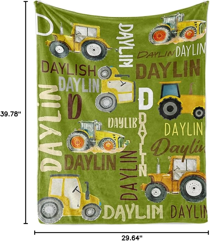 Personalized Tractors Blanket - Custom Name with Farm Tractor Trucks Design - Soft Plush Flannel Bed Blanket for Baby Kid Teen Boys Girls Customized Gifts Olive Green & Yellow
