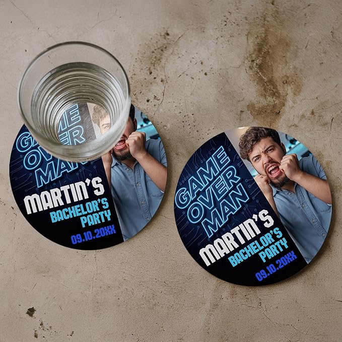 20 Pack Personalized Bachelor Party Coasters, Custom Cardboard Drink Coasters with Photo Print and Text, Fun Bachelor Party Favors and Gifts, 3.95" Round, Design 6