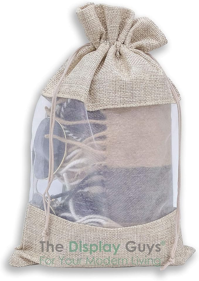 12-Pack X-Large Linen Burlap & Organza Gift Bags w. Drawstrings (7.5x11.5 in, Beige) - Party Favors, Presents, Samples & Treats Mesh Pouch by The Display Guys