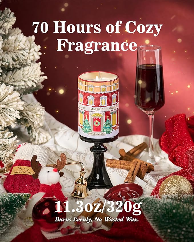 M&SENSE Spicy Mulled Wine Christmas Candles, Warm Apple Cider Holiday Scented Candle for Festival Ambiance, Winter Christmas Gifts for Women Men, Soy Wax 11.3oz 70 Hour Long Lasting Clean Burn