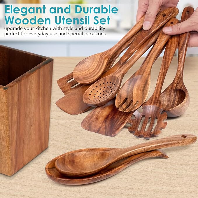 Wooden Spoons for Cooking, 11-Piece Natural Acacia Wood Cooking Utensils Set – Wooden Kitchen Utensils with Holder Spoon Rest, Nonstick Safe Non-Toxic Wooden Cooking Tools by HOWHONG