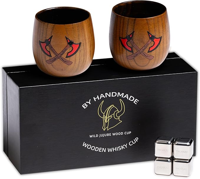 Charred Wooden Bourbon Drinking Glass,2 Pieces 11oz Handcrafted Old Fashioned Whiskey Tumbler,Viking Cup,Bourbon Gifts for Men, Dad, or Brother,Whiskey Gifts