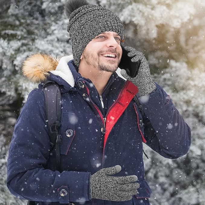 Aneco Womens Winter Warm Sets Knitted Fur Pompoms Beanie Hat Circle Loop Scarf Touch Screen Gloves Winter Favor Accessories