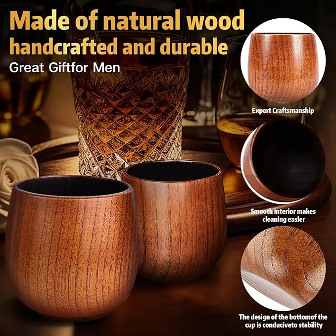 Bourbon Gifts for Men Handcrafted Charred Wooden Whiskey Glass, Wood Whiskey Glass - 10 oz old Fashioned Glass Cups for Bourbon, Perfect Christmas Gifts for Men, Dad, Husband, Brother (2 Pack）