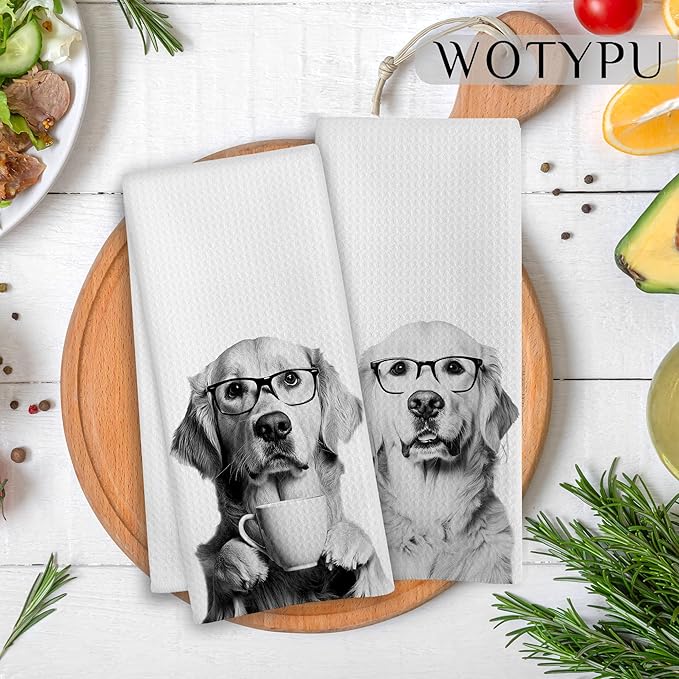 Funny Golden Retriever Kitchen Bar Towels, Golden Retriever Gifts for Women Men, Wine Coffee Lover Gifts Decorative Hand Towels for Kitchen Bar Cart Decor, 16x24 Inch Set of 2
