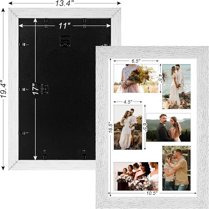11x17 Picture Frame Display 6 picture frame collage 4x6,Multi Photo Frame with Mat,Plexiglass,Wall Mount Decor,Distressed White Wood Grain