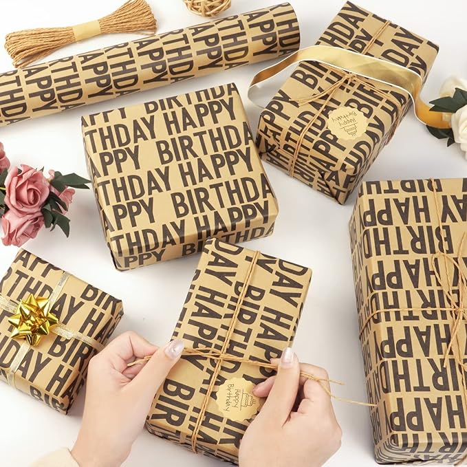MAMUNU Birthday Wrapping Paper Roll, Black Kraft Happy Birthday Wrapping Paper Jumbo Roll, Brown and Black Kraft Gift Wrap Set for Boys Men Women Girls, 17x590 inch (70 sq. ft.)