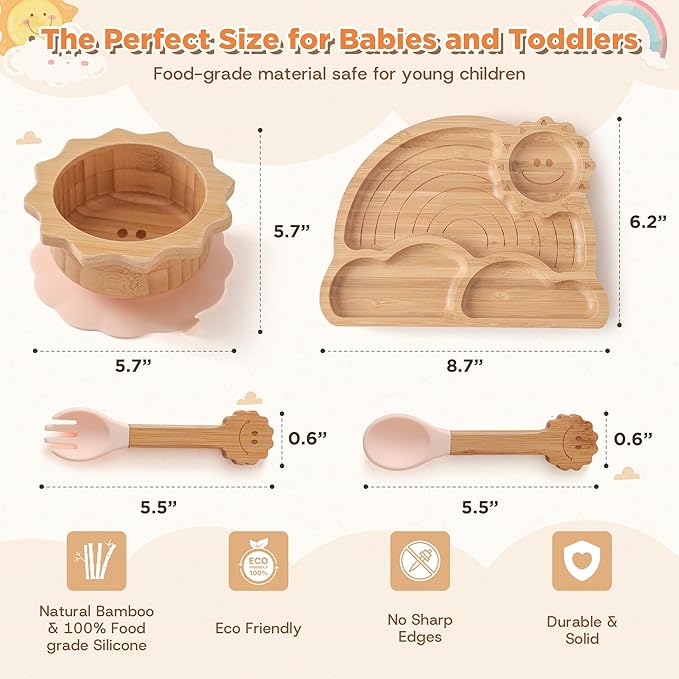 Bamboo Suction Plates Bowls Set for Baby Toddler - Includes Bamboo Bowl, Divided Plate, Silicone Fork & Spoon, All-Natural Baby Feeding Set for Baby-Led Weaning