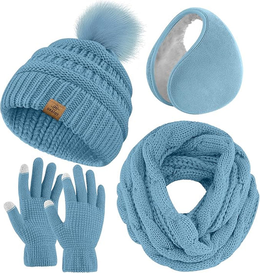 URATOT 4-In-1 Winter Warm Sets Knitted Scarf Touch Screen Gloves Beanie Pompom Hat and Winter Ear Warmer for Men or Women