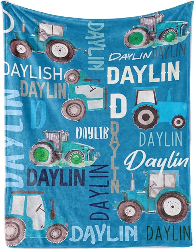 Personalized Tractors Blanket - Custom Name with Farm Tractor Trucks Design - Soft Plush Flannel Bed Blanket for Baby Kid Teen Boys Girls Customized Gifts Blue