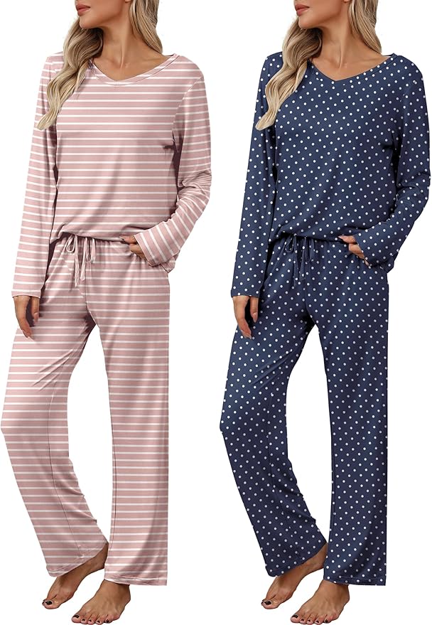 Ekouaer Womens 2 Pack Pajama Set Long Sleeve Pajamas Top and Pants V Neck Pjs Set Soft Loungewear with Pockets