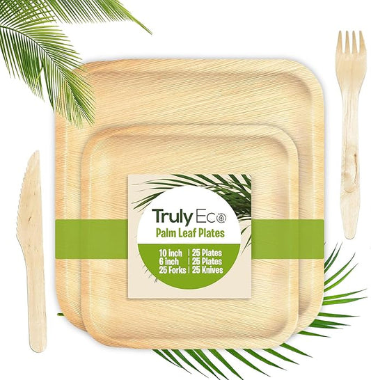 10”&6” Combo Square Palm Leaf Plates – Compostable, Biodegradable, Eco-Friendly – Like Bamboo Disposable Plates for Party, Wedding, Picnic – Sturdy, Heat Proof & Leak Proof