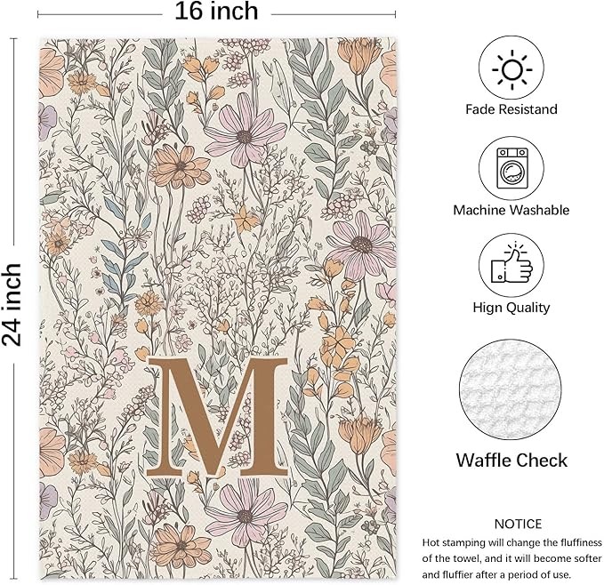 Initial M Personalized Floral Kitchen Towels Dish Towel, Custom Hand Towels for Bathroom, Monogrammed Gifts for Women Mom, Boho Floral Decorative Kitchen Towels Tea Towel, 16x24 Inch