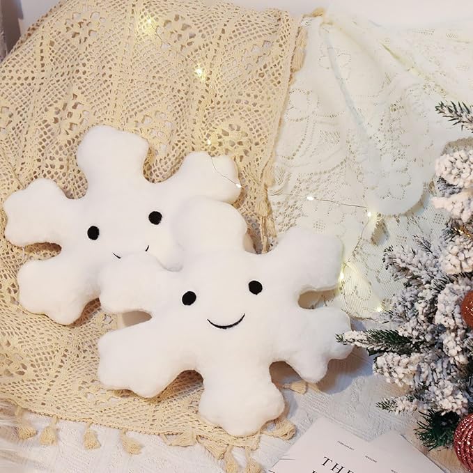 Whaline 2Pcs Christmas Snowflake Pillows Cute Winter Snowflake Shaped Throw Pillow Decorative Xmas White Plush Pillow for Home Office Couch Sofa Bed Decor