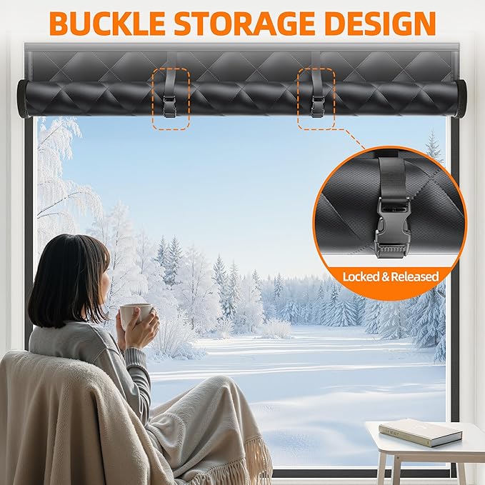 Window Insulation Kit for Winter 47"x63" Cold Weather Thermal Curtain with Heavy Cotton, Insulated Window Cover for Winter & Windows Draft Blocker for Winterizing Windows in Home RV Basement–Black