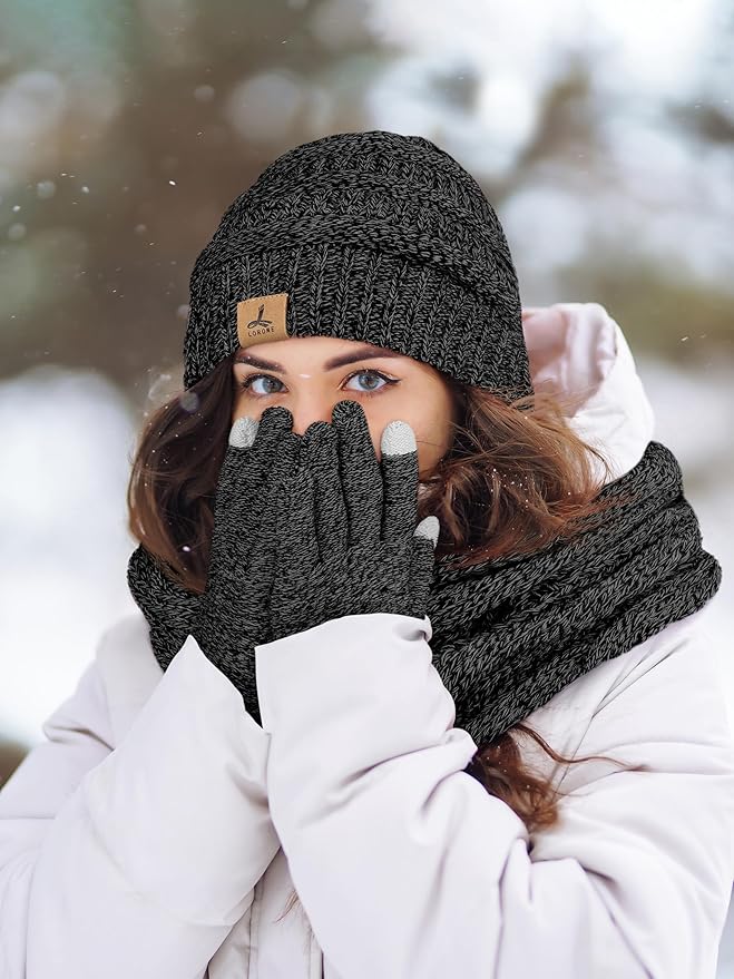 Winter Beanie Hat Scarf Gloves, Warm Fleece Knit Hats Touch Screen Gloves Neck Scarf Set Winter Gifts for Unisex Adult