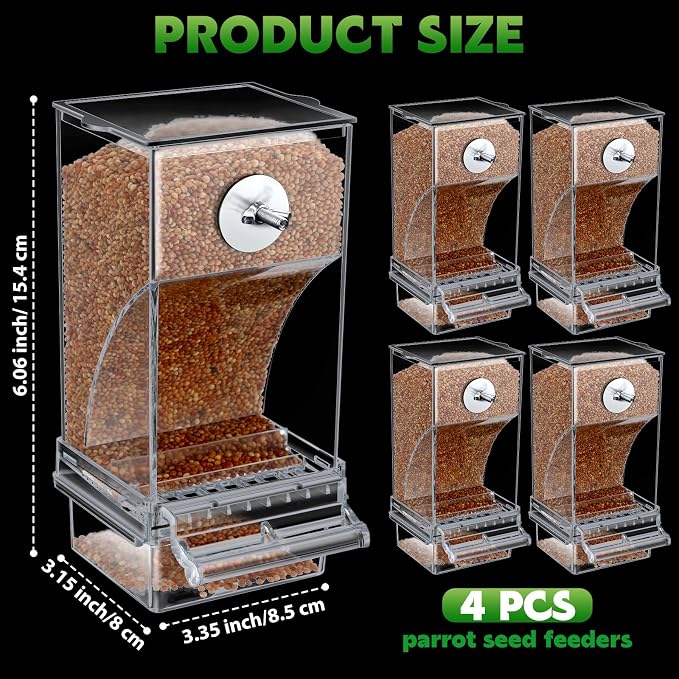 Yaomiao 4 Pcs No Mess Small Bird Feeders Automatic Parakeet Water Dispenser Clear Quail Feeder and Watered Cage Accessories for Small and Medium Parakeet Cockatiel Canary(Seed Feeder,Transparent)