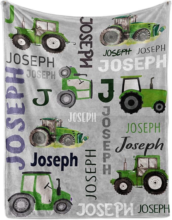 Personalized Tractors Blanket - Custom Name with Farm Tractor Trucks Design - Soft Plush Flannel Bed Blanket for Baby Kid Teen Boys Girls Customized Gifts Light Grey