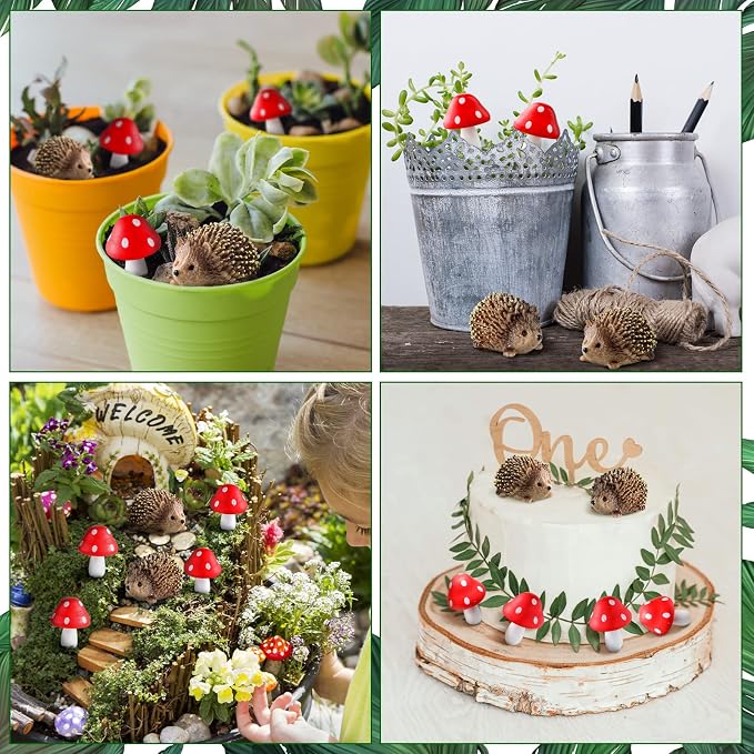 Queekay Fairy Garden Hedgehog Miniature Figurines, Resin Mushroom Decor | Hedgehog & Mushroom Set, Plant Pot Bonsai Accent, Miniature Fairy Garden Figurines, Resin Craft, Indoor Outdoor Scene