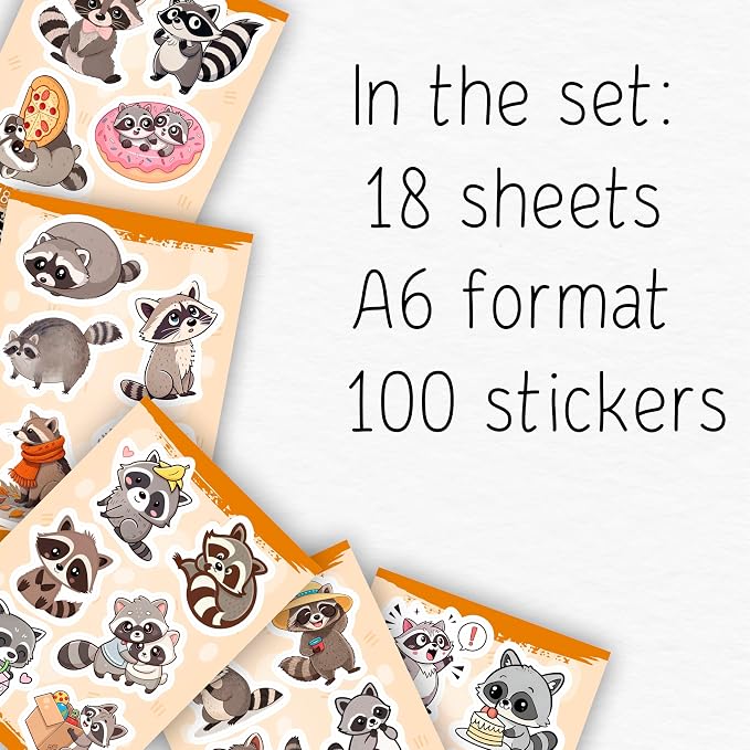 100Pcs Raccoon Stickers for Water Bottle, Laptop - Raccoon Gifts & Party Supplies - Gift for Women & Men