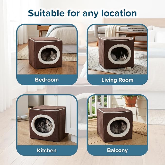 Cat House - Indoor Bed with Removable Foam Cushion - Cat Cave for Puppies, Rabbits, Guinea Pigs, and Other Small Animals by PETMAKER (Dark Brown) 13x13.5x12"