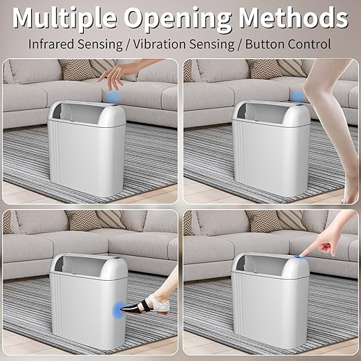 Smart Trash Can with Lid, 3.5 Gallon Infrared/Vibration Sensing Electric Garbage Can, Waterproof Automatic Trash Bin, Inteligent Induction Wastebasket for Bathroom, Bedroom, Powder Room, Living Room