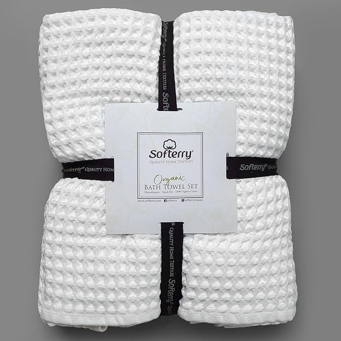 Softerry European Waffle Weave Bath Towel Set - 100% Organic Cotton - Quick Dry Lint Free Thin and Absorbent - Fade Resistant - Eco-Friendly (Set of 8, White)