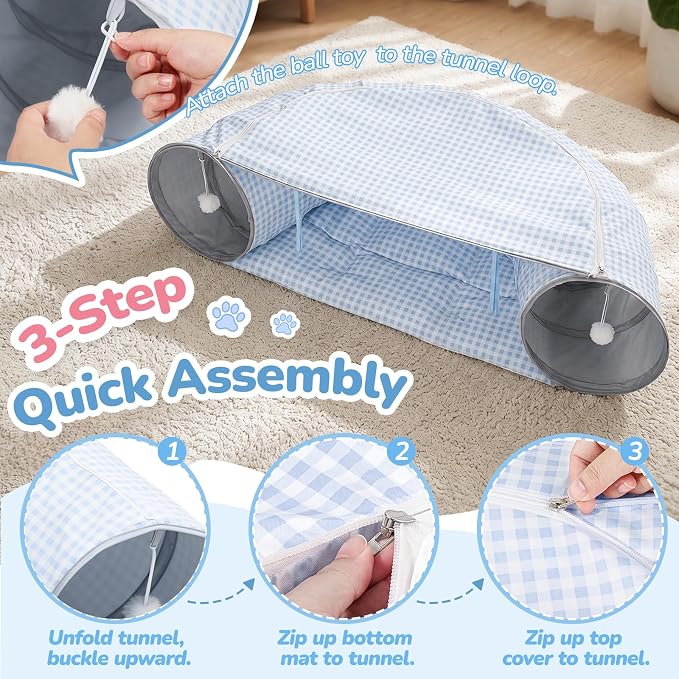 Bunny Tunnel Bed, 2-in-1 Collapsible Rabbit Guinea Pig Hideout, Blue | Removable Mat, Small Animal Tubes, Pet Rest Play Toy Indoor for Cats Kittens Rabbits Bunnies Ferret