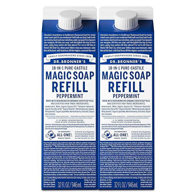 Dr. Bronner's Magic Soap-Pure-Castile Liquid Refill (Peppermint, 32 ounce, 2-Pack) - Regenerative Organic Certified Oils, For Body, Hair, Laundry, Pets & Dishes, Concentrated, Vegan, Non-GMO
